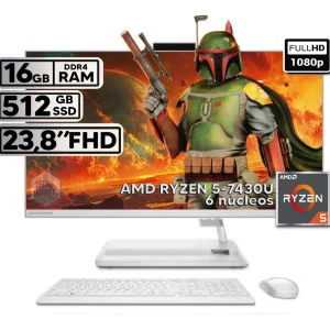 AIO LENOVO IdeaCentre 3 24ALC6, AMD Ryzen 5 7430U, SSD 512GB, DDR4 16GB, NO DVD, Pantalla 23.8" FHD IPS, Sin Sistema Operativo, Blanco