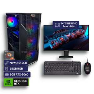 Computador AMD Ryzen 5 5600XT | 16GB RGB | M.2 NVMe 512GB | RTX 5060 8GB | Monitor Gigabyte 24″ IPS FHD 1ms-144H