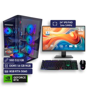 Computador AMD Ryzen 7 8700F | 16GB DDR5 | M.2 NVMe 512GB | RTX 5060 8GB | Monitor MSI 24″ IPS FHD 1ms-144Hz