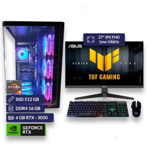 Computador AMD Ryzen 5 5600XT | 16GB DDR4 | M.2 NVMe 512GB | RTX 3050 6GB | Monitor ASUS 27″ IPS FHD 1ms-146Hz